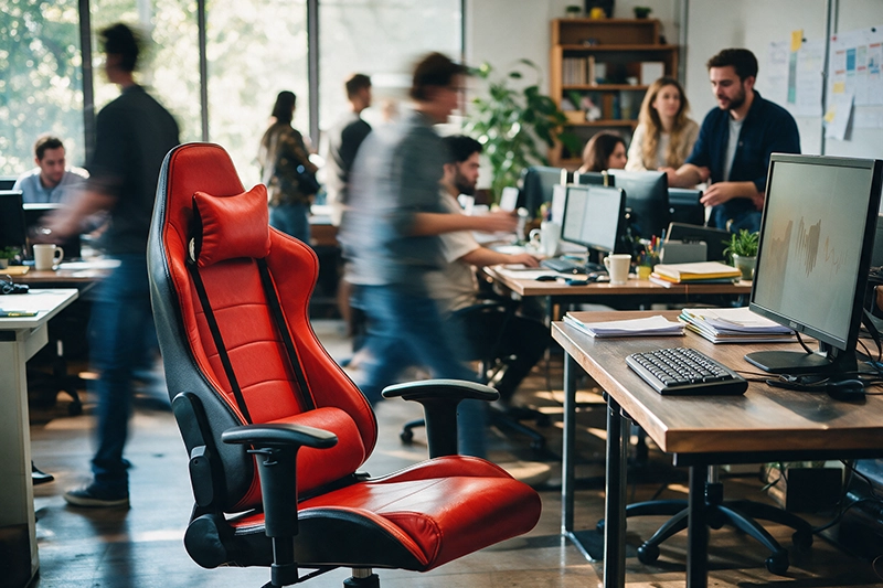 An empty chair in a busy office depicting the sense that an important person has left and others don't know what to do.