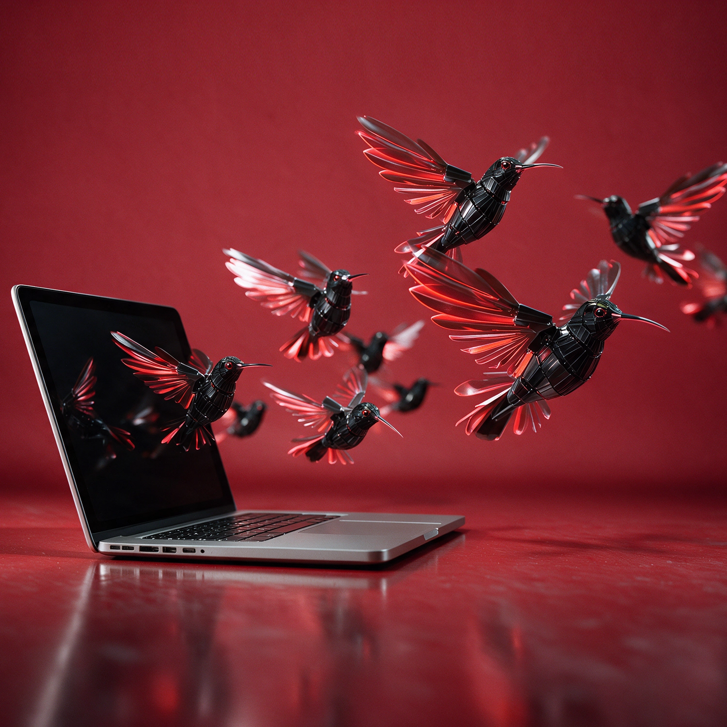 A group of robotic humming birds migrating from a laptop.